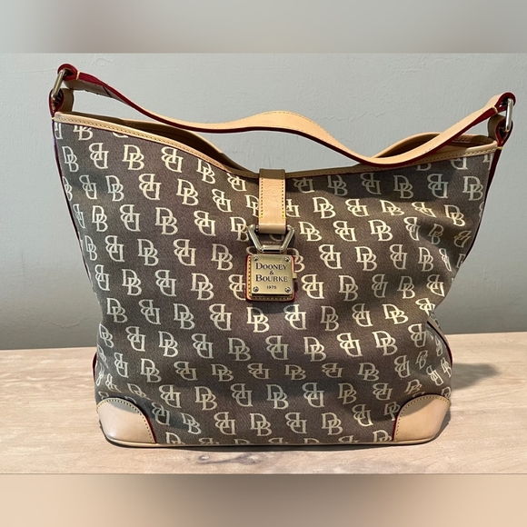Vintage Dooney & Bourke Key Lock Monogram Hobo Bag With Leather Trim Like New